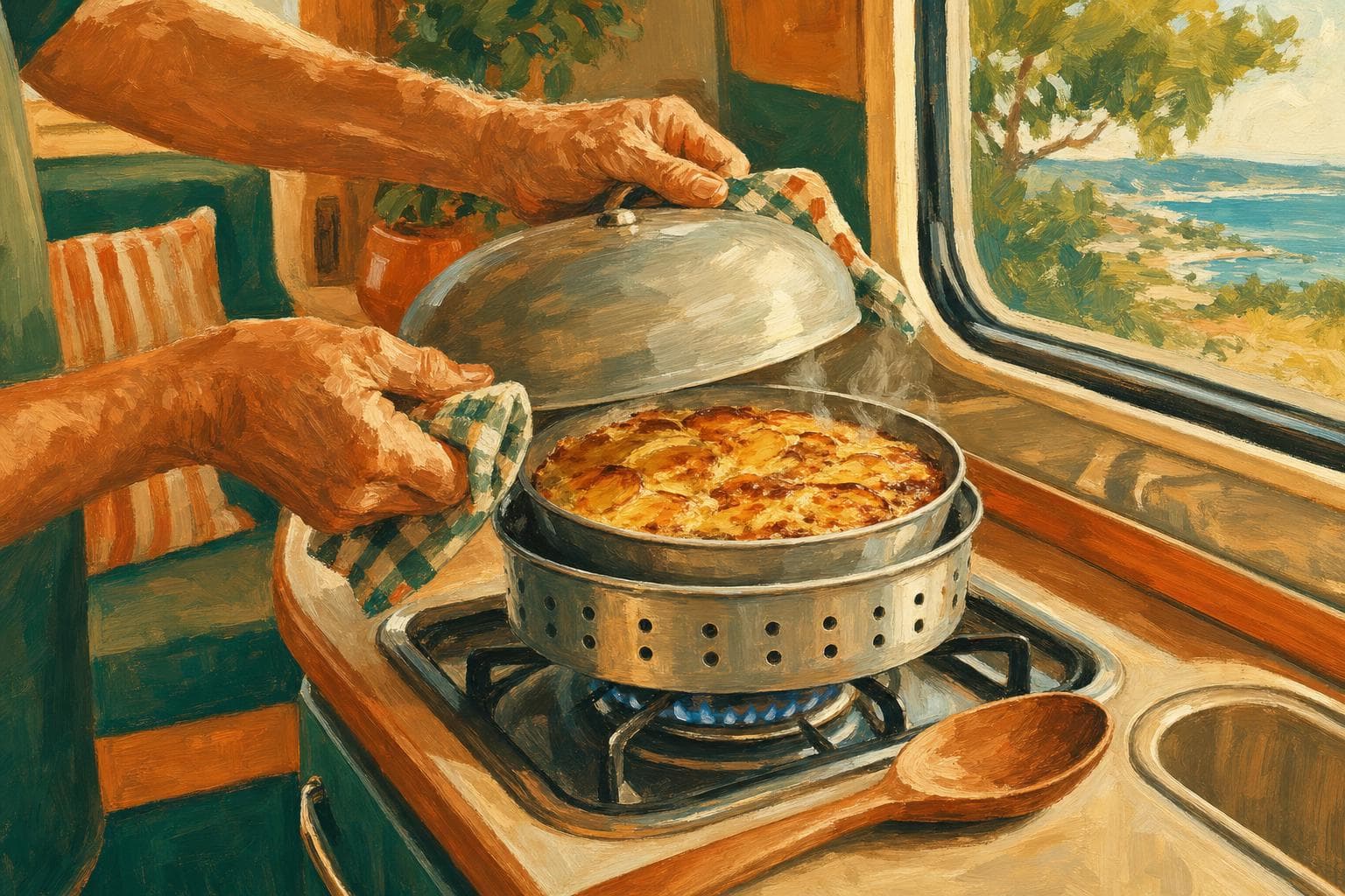 Gros plan peint à la gouache : les mains d’un senior soulevant le couvercle bombé d’un four Omnia posé sur un brûleur à gaz, révélant un gratin doré, sur le plan de travail d’un camping-car