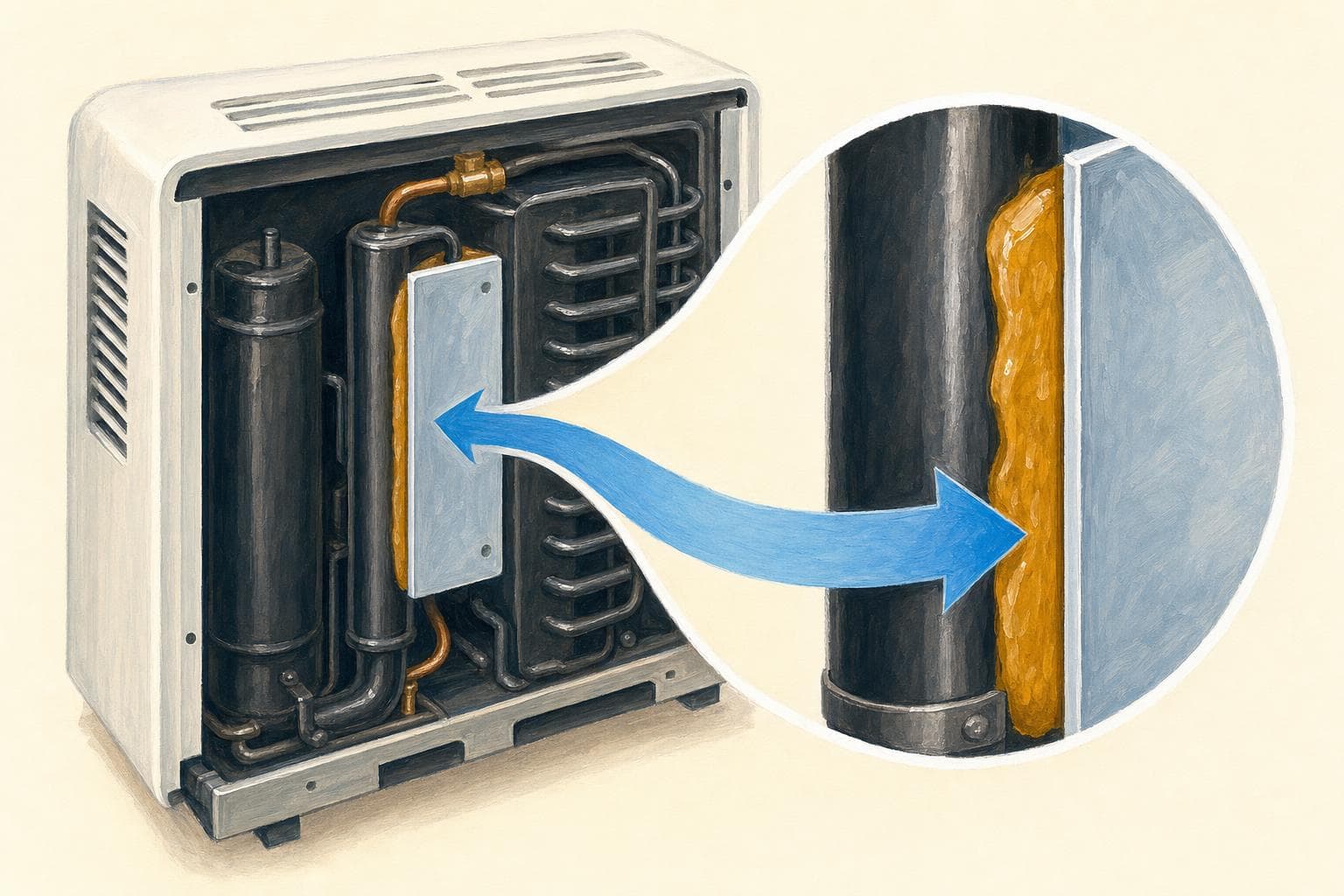Schéma peint en coupe de l’arrière d’un réfrigérateur à absorption : l’évaporateur plaqué contre le tube de l’agrégat, avec une couche de pâte thermique ambre entre les deux, une flèche bleue montrant le froid qui passe de l’un à l’autre