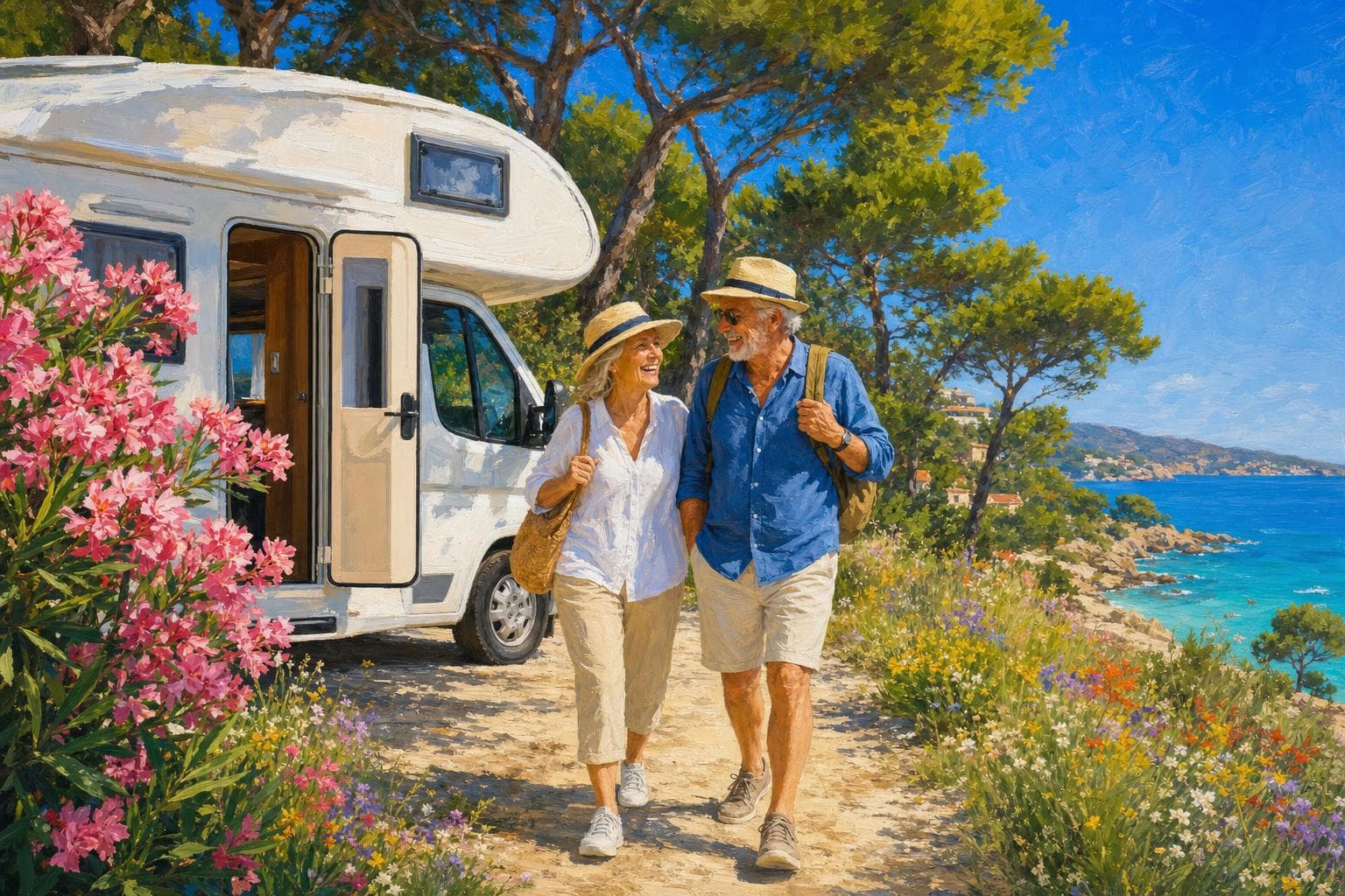 Un couple de camping-caristes savoure un café près de leur camping-car à capucine, au bord d'un lac au coucher du soleil