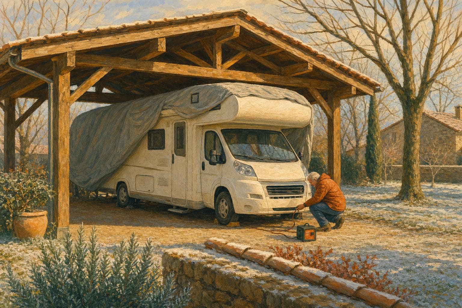 Camping-car capucine blanc rangé pour l’hiver sous un carport en bois ouvert, housse respirante à demi posée sur le toit, un homme branchant un mainteneur de charge sur la batterie