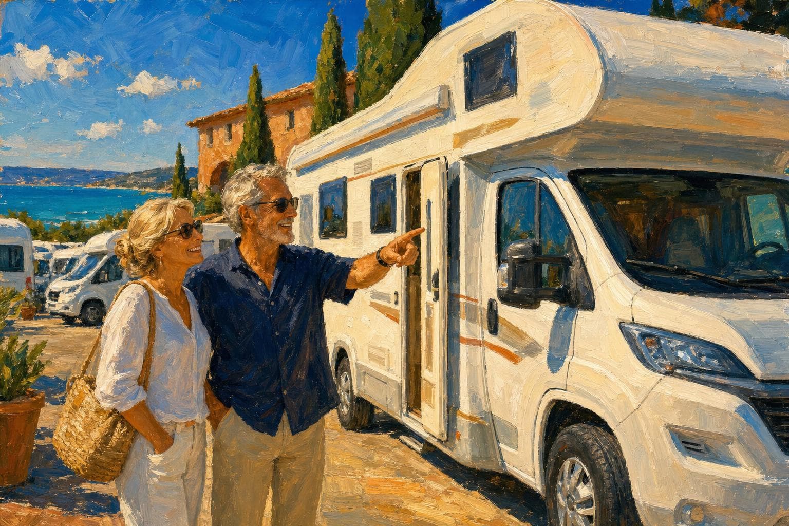 Un couple de camping-caristes seniors examine un camping-car capucine devant une concession au bord de la mer