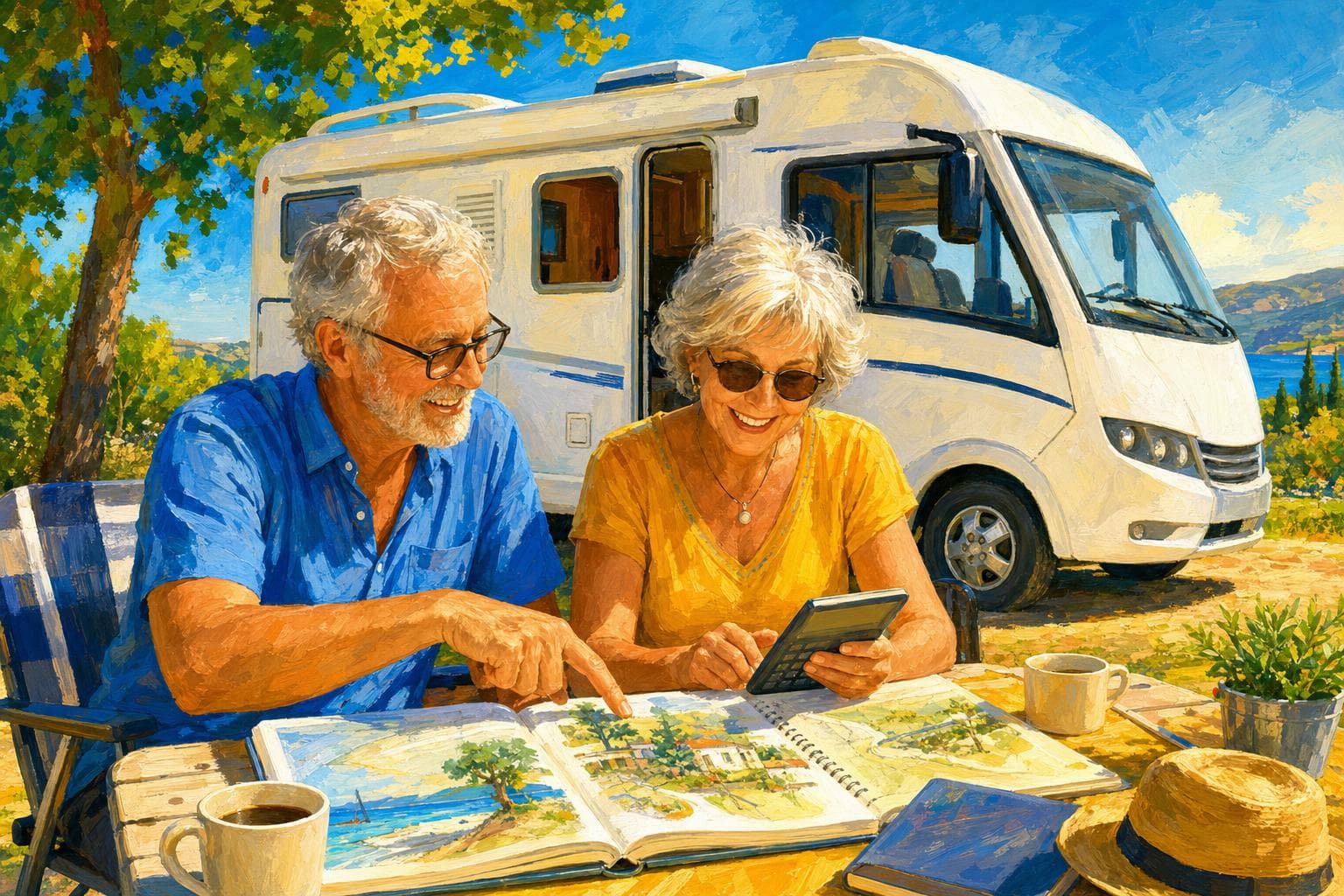 Illustration gouache : une calculatrice posée près d’un camping-car sur un pont-bascule