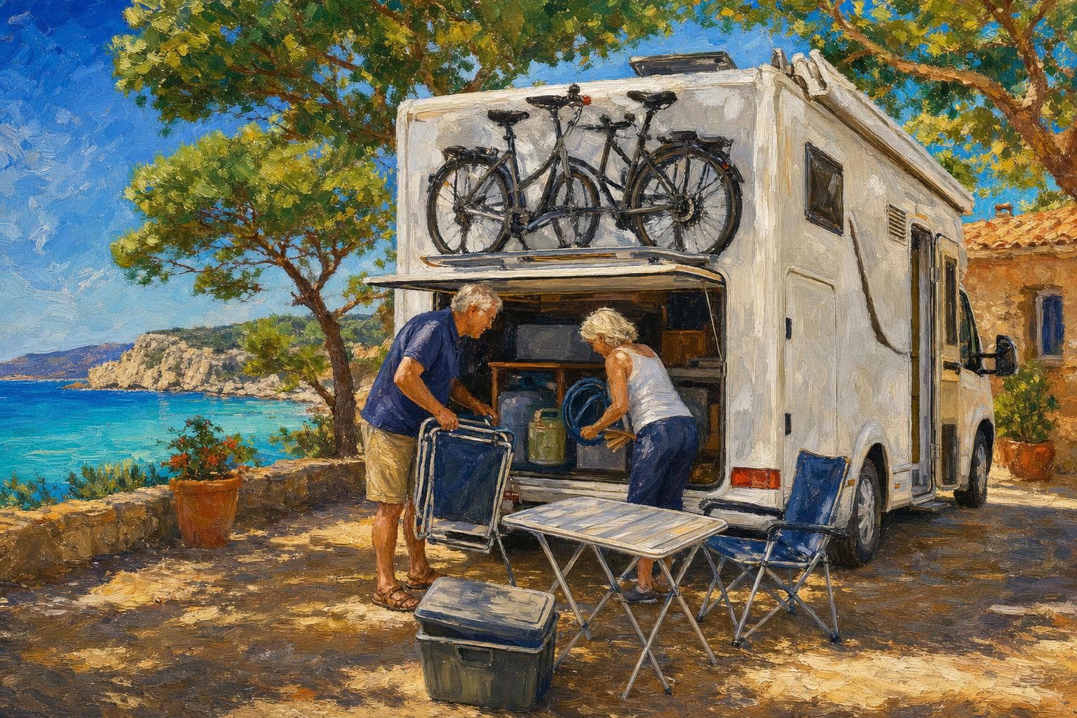 Un couple de camping-caristes seniors installe sa table, ses chaises et son plein d’eau devant un camping-car en bord de mer