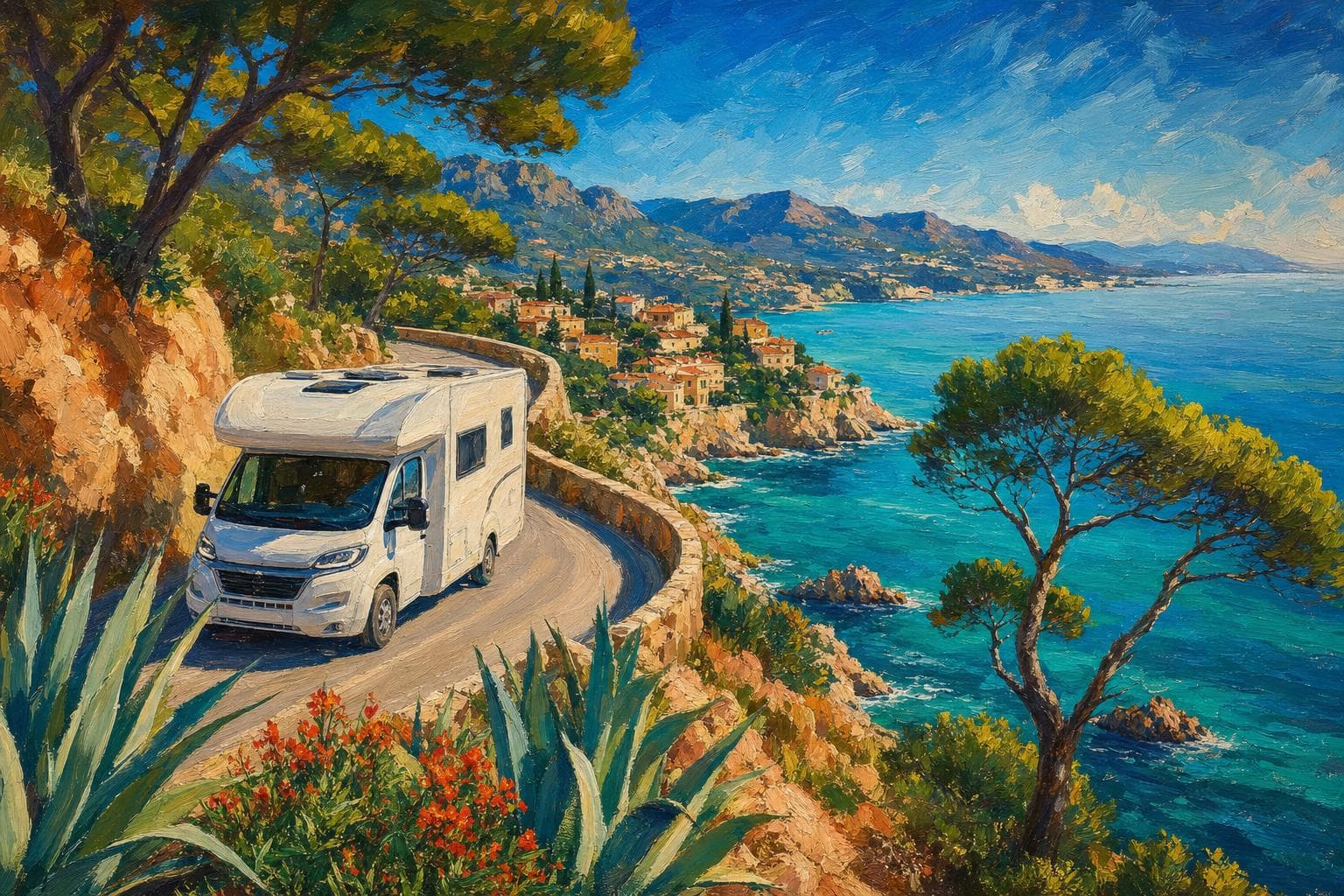 Camping-car sur une route panoramique en bord de mer