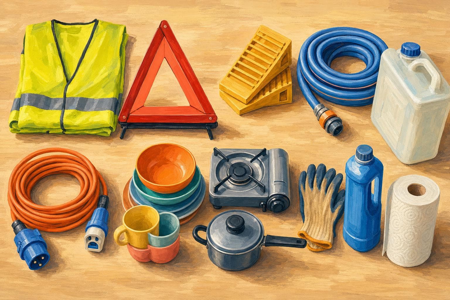 Vue du dessus, peinte, des accessoires indispensables du camping-car rangés par familles : gilet et triangle, cales jaunes, tuyau d’eau et jerrican, câble électrique et adaptateur, vaisselle et réchaud, gants et produit sanitaire