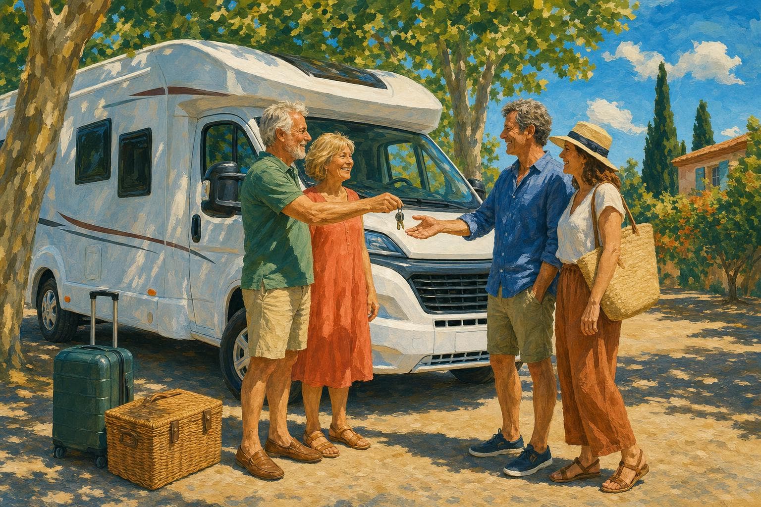 Un couple senior propriétaire remet en souriant les clés de son camping-car intégral à un couple de locataires, au soleil devant le véhicule