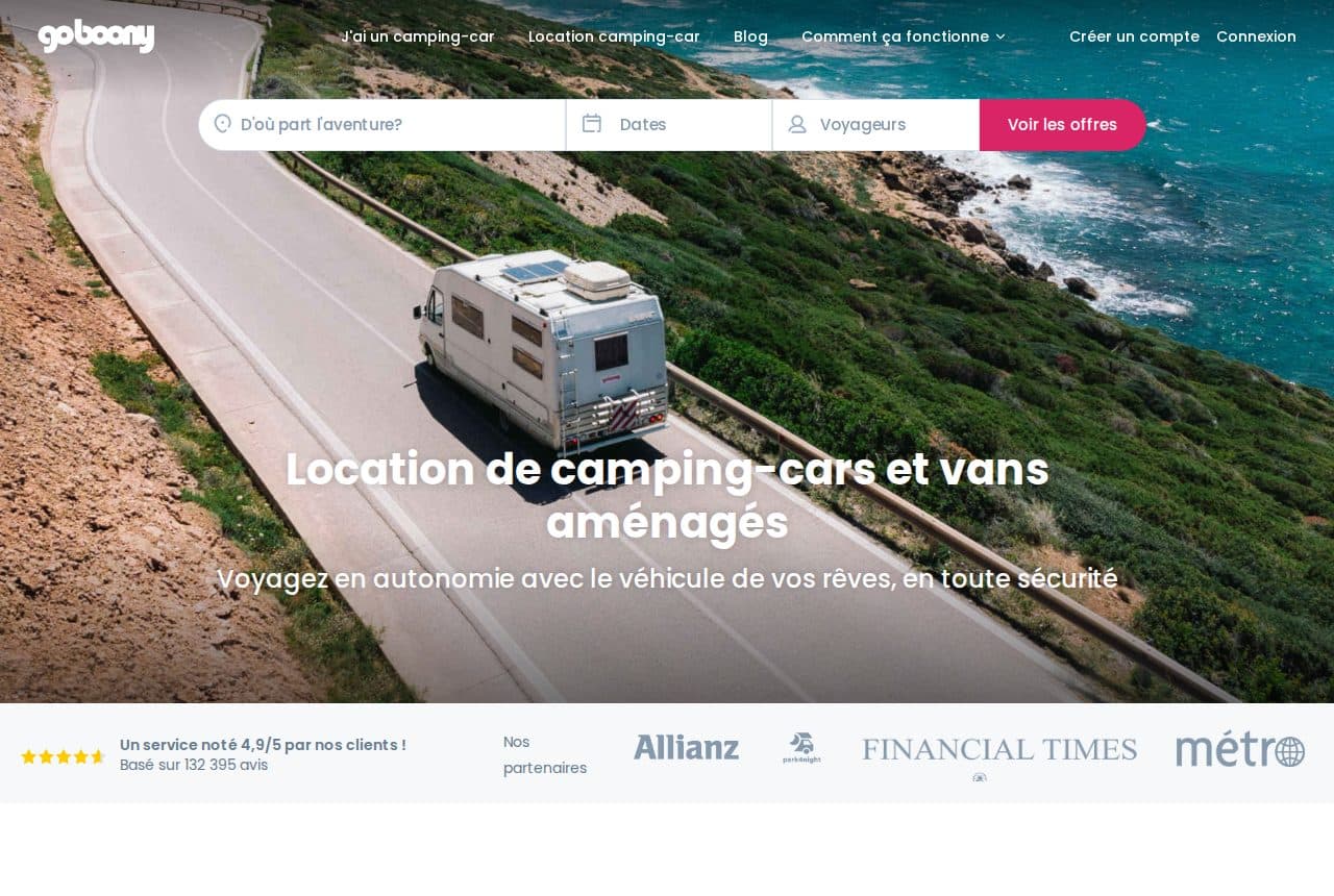 Page d’accueil de Goboony : « Location de camping-cars et vans aménagés », barre de recherche, note 4,9/5 sur 132 395 avis et logo Allianz parmi les partenaires