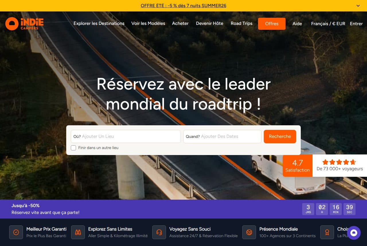 Page d’accueil d’Indie Campers en français : « Réservez avec le leader mondial du roadtrip », barre de recherche, note 4,7 de satisfaction sur 73 000+ voyageurs et mentions kilométrage illimité et présence mondiale