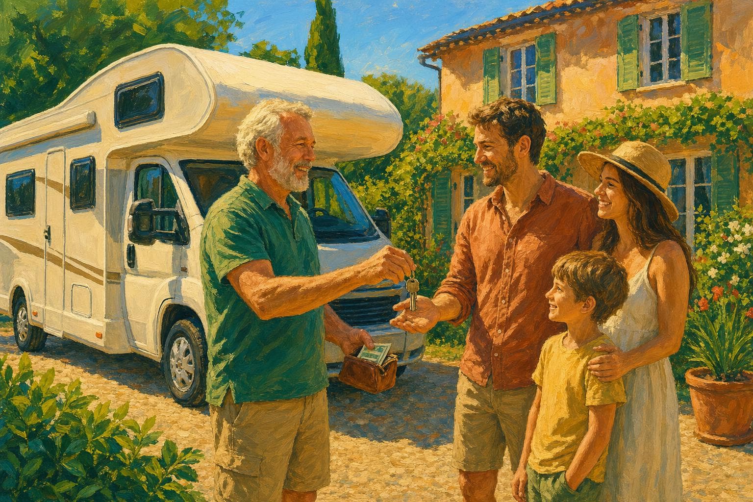 Illustration gouache : un propriétaire confie son camping-car à des locataires devant sa maison