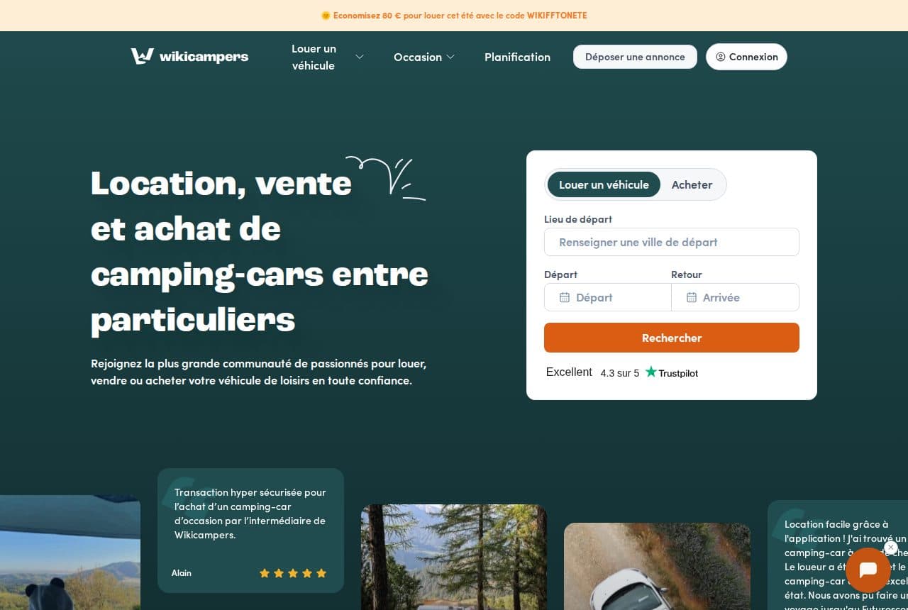 Page d’accueil de Wikicampers : « Location, vente et achat de camping-cars entre particuliers », formulaire de recherche et mention « Excellent 4,3 sur 5 » sur Trustpilot
