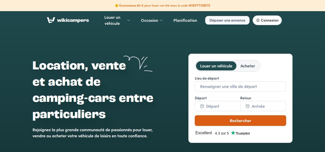 Page d’accueil du site Wikicampers : location, vente et achat de camping-cars entre particuliers, avec formulaire de recherche
