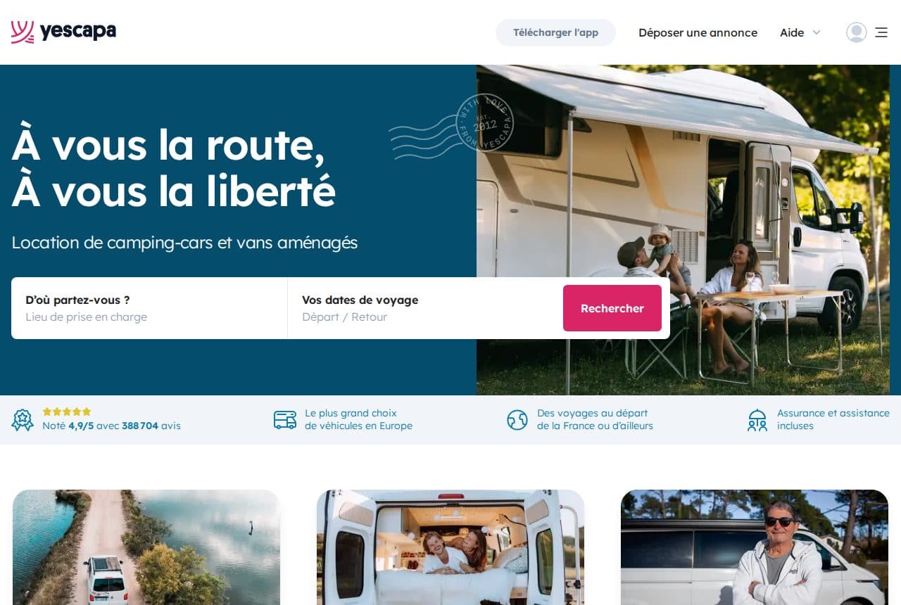 Page d’accueil de Yescapa : slogan « À vous la route, à vous la liberté », barre de recherche, note 4,9/5 sur 388 704 avis et mention « Assurance et assistance incluses »