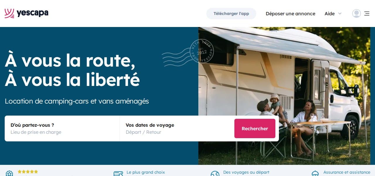 Page d’accueil du site de location entre particuliers Yescapa : barre de recherche et note 4,9/5 sur 388 391 avis