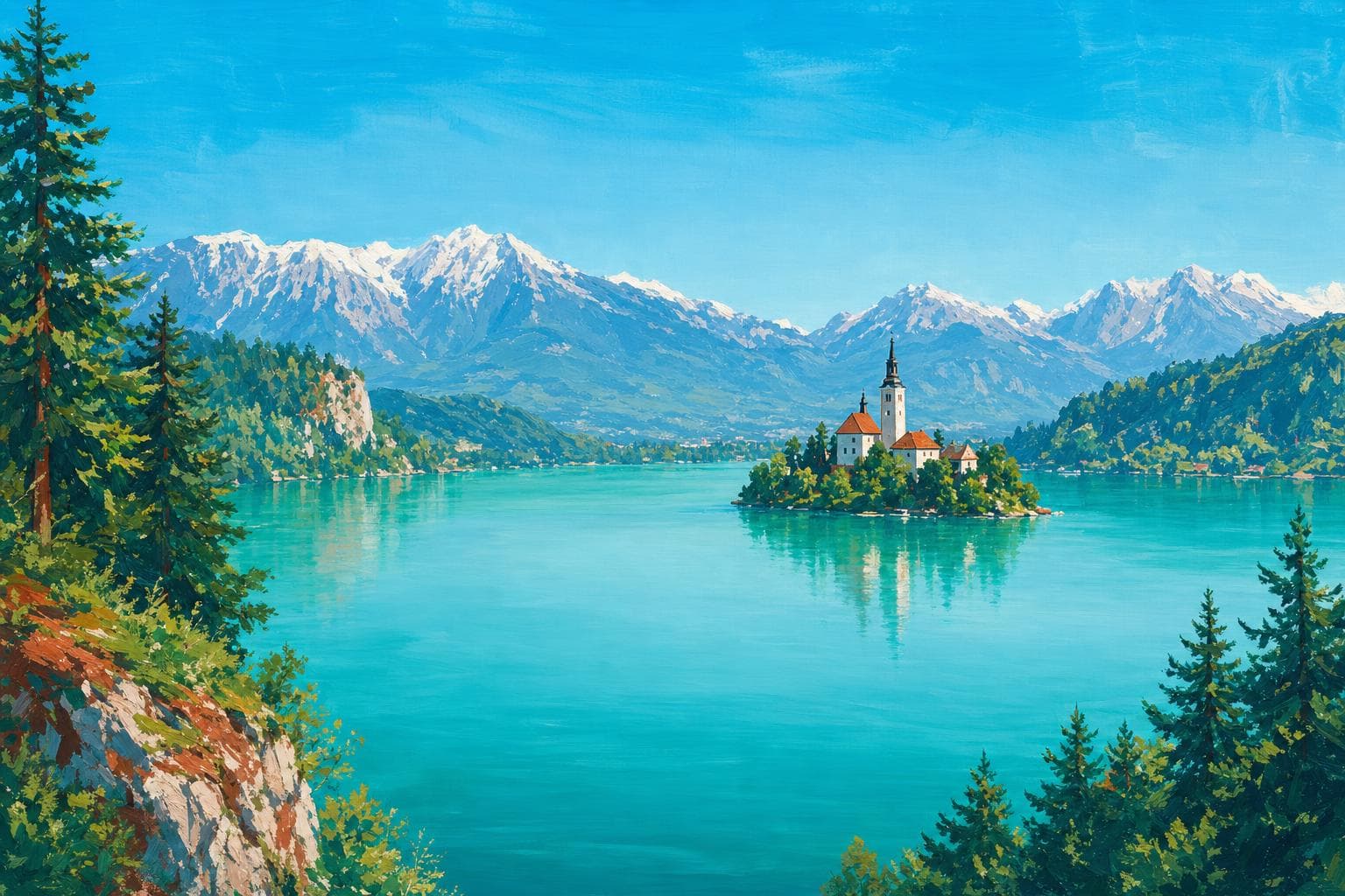Paysage d’un lac alpin slovène aux eaux émeraude, île à l’église, sommets des Alpes juliennes en arrière-plan, peint à la gouache