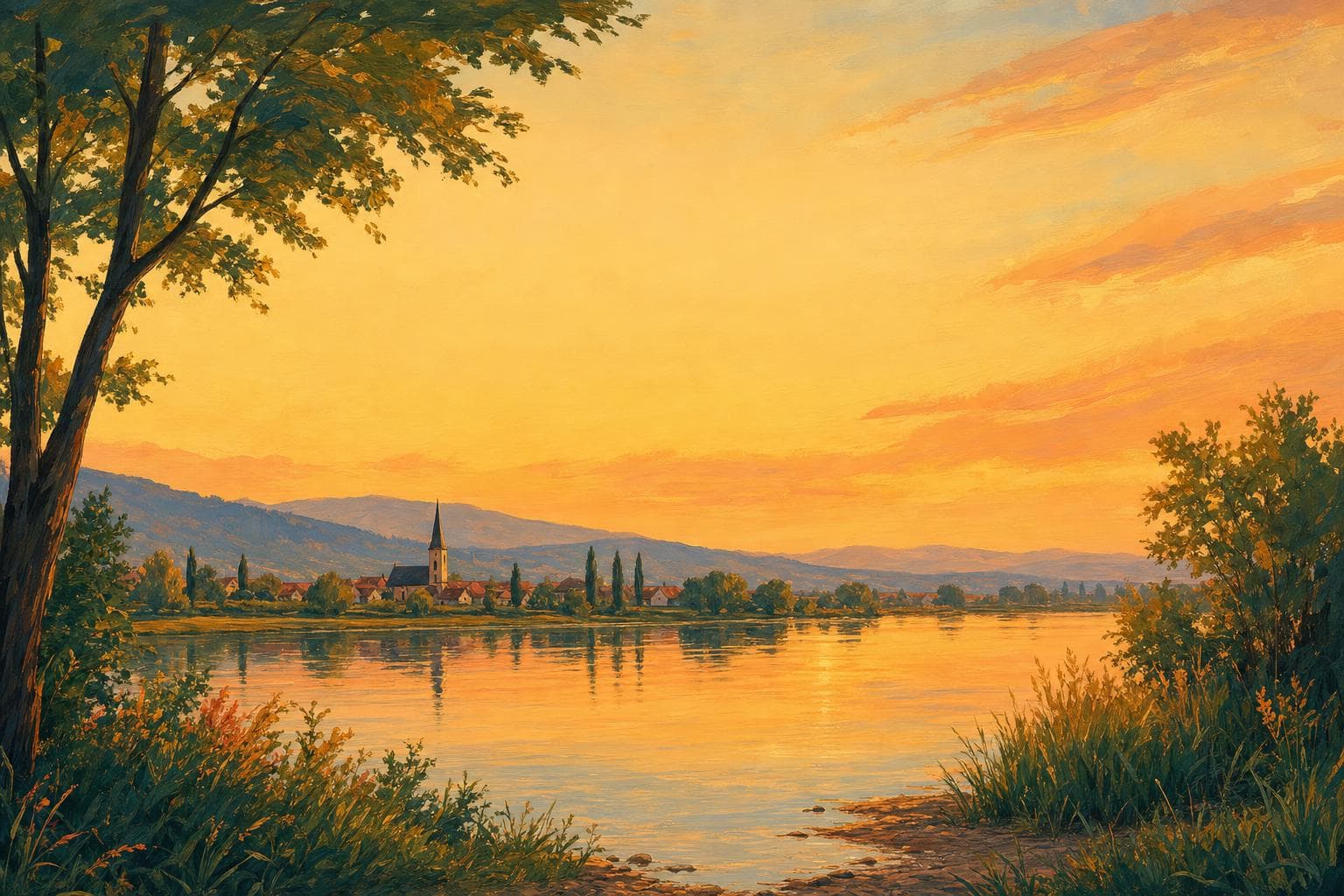 Paysage de la plaine du Rhin peint à la gouache au crépuscule doré : champs cultivés, silhouette d’un clocher alsacien à l’horizon et lumière chaude du soir