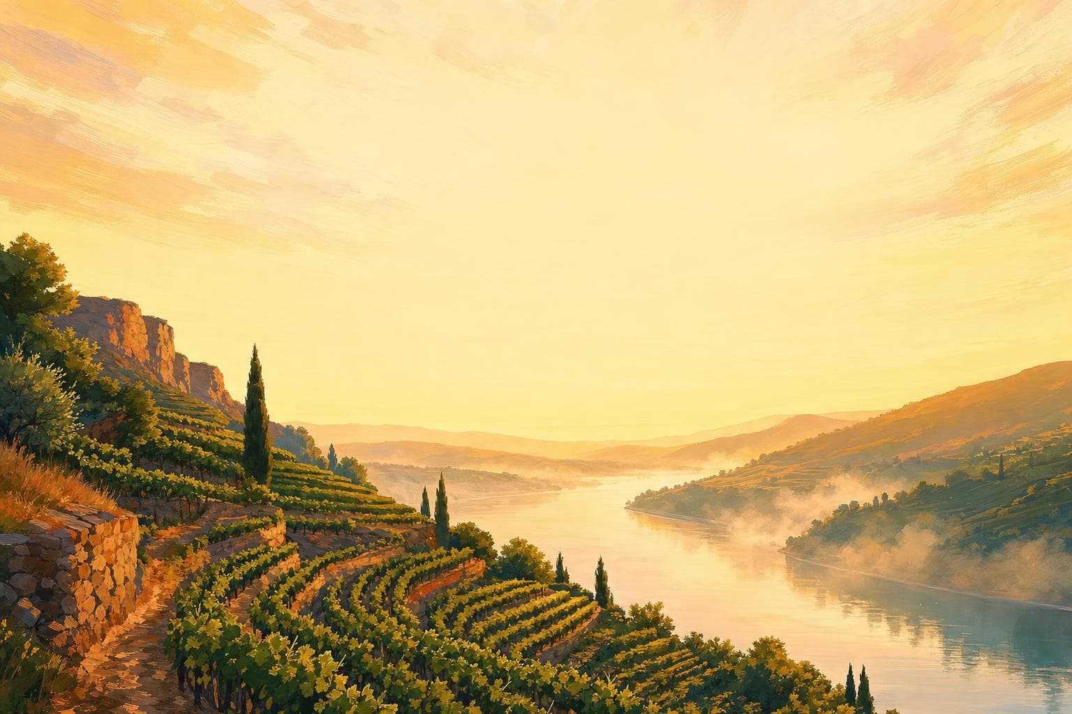 Paysage de coteaux de vignes au-dessus de la vallée du Rhône peint à la gouache, au lever du soleil, fleuve dans la brume matinale en contrebas