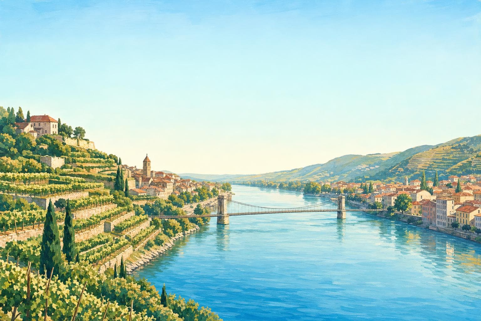 Paysage de la vallée du Rhône à Tournon peint à la gouache : coteaux de vignes, passerelle suspendue, fleuve serpentant dans la lumière du soir