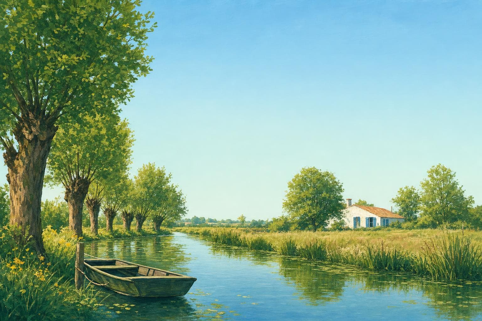 Paysage du marais poitevin vendéen peint à la gouache : canaux bordés de frênes têtards, roseaux et une barque à cornière glissant sur l’eau calme dans la lumière dorée