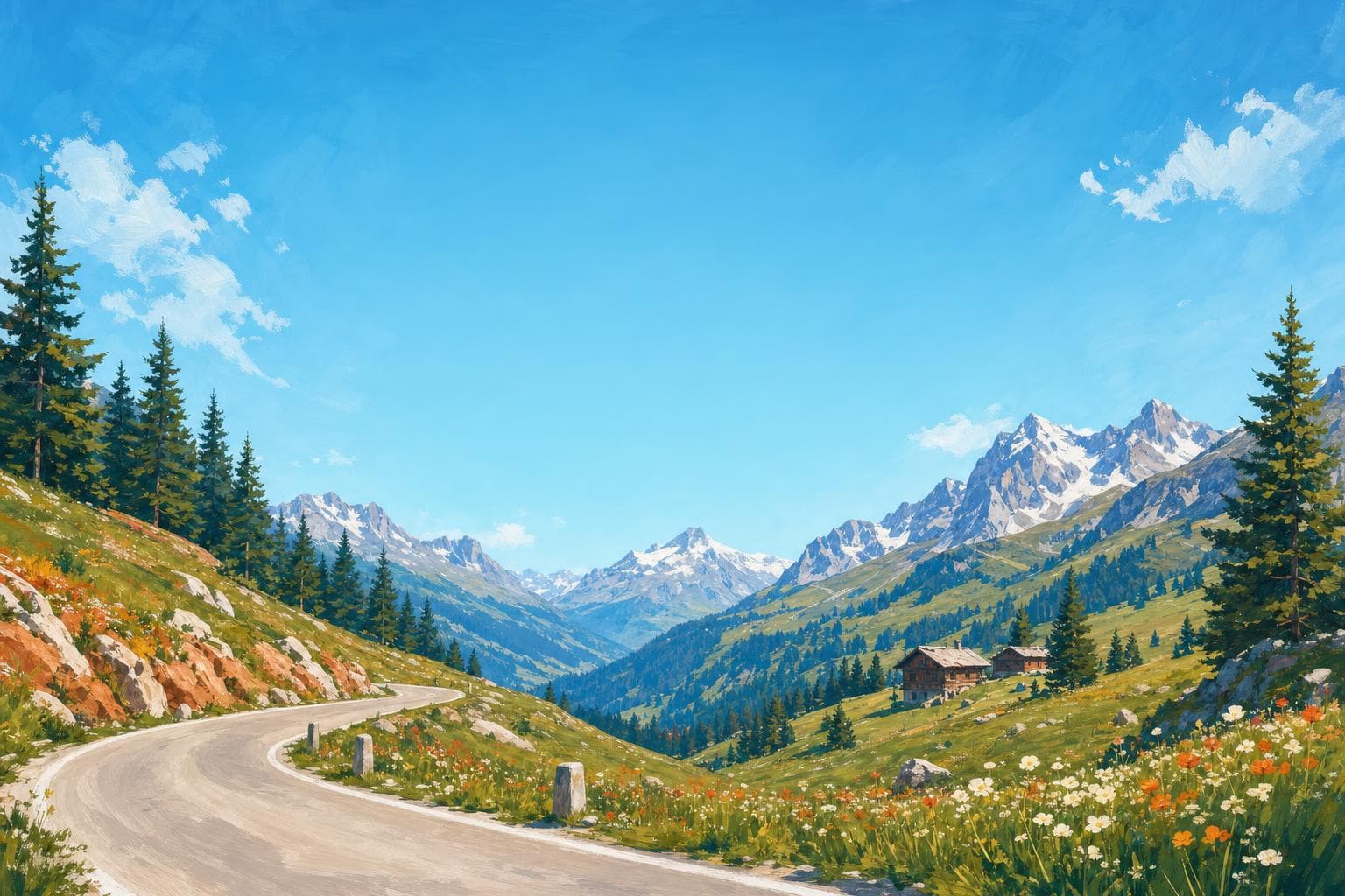 Paysage des Alpes bavaroises peint à la gouache : route de col en lacets, prairies vertes et sommets enneigés sous un ciel dégagé