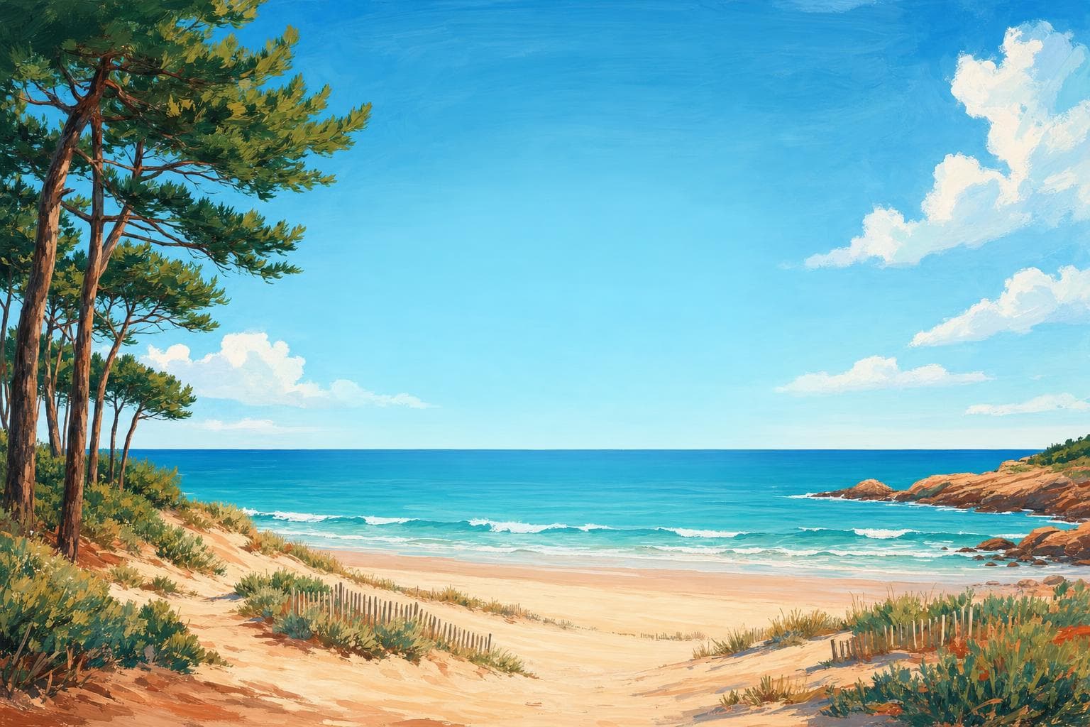 Paysage de la côte atlantique peint à la gouache : dunes, pins maritimes et océan sous un ciel bleu vif