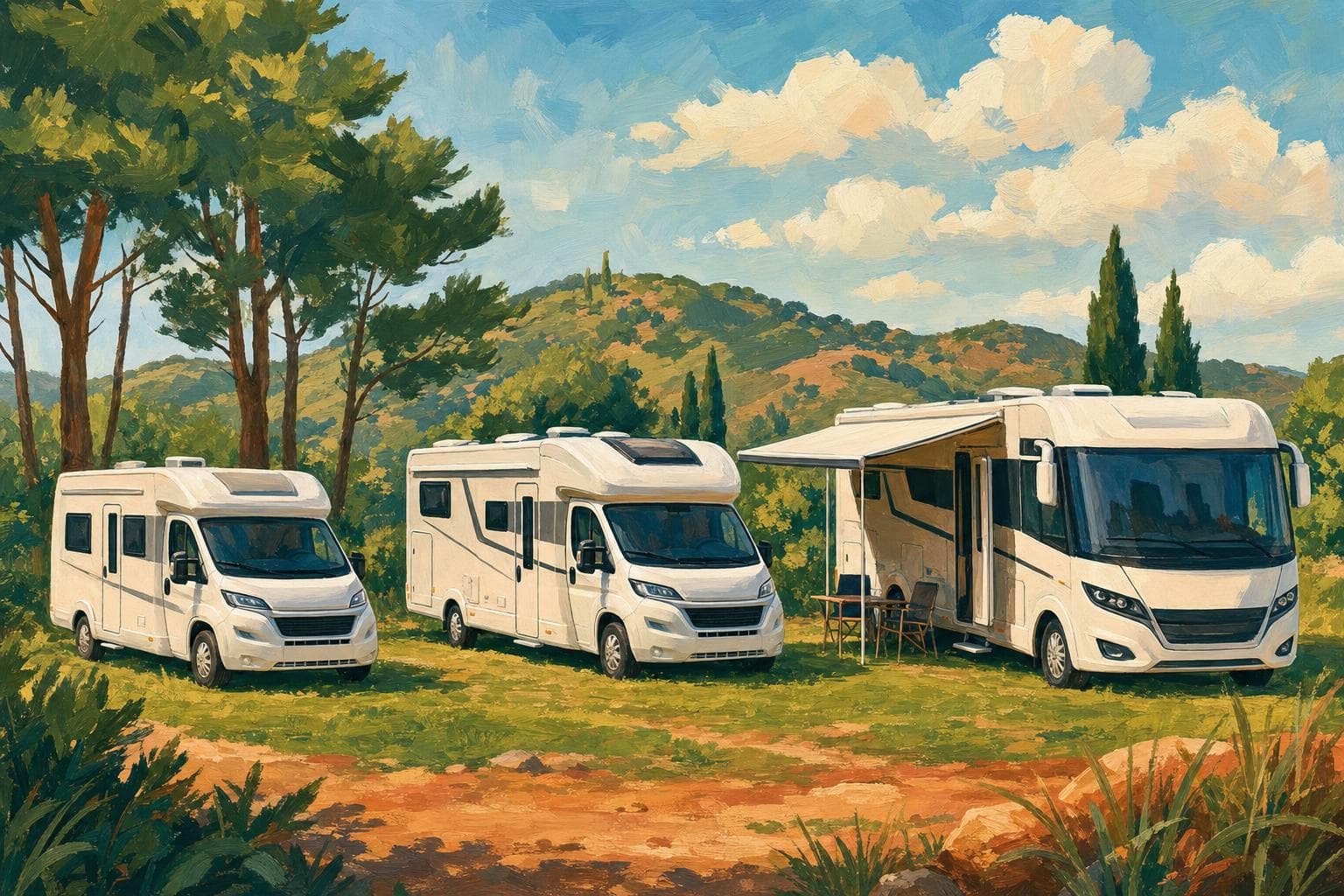 Trois camping-cars français peints à la gouache alignés sur l’herbe, du plus simple à gauche au plus luxueux à droite, illustrant l’entrée, le milieu et le haut de gamme