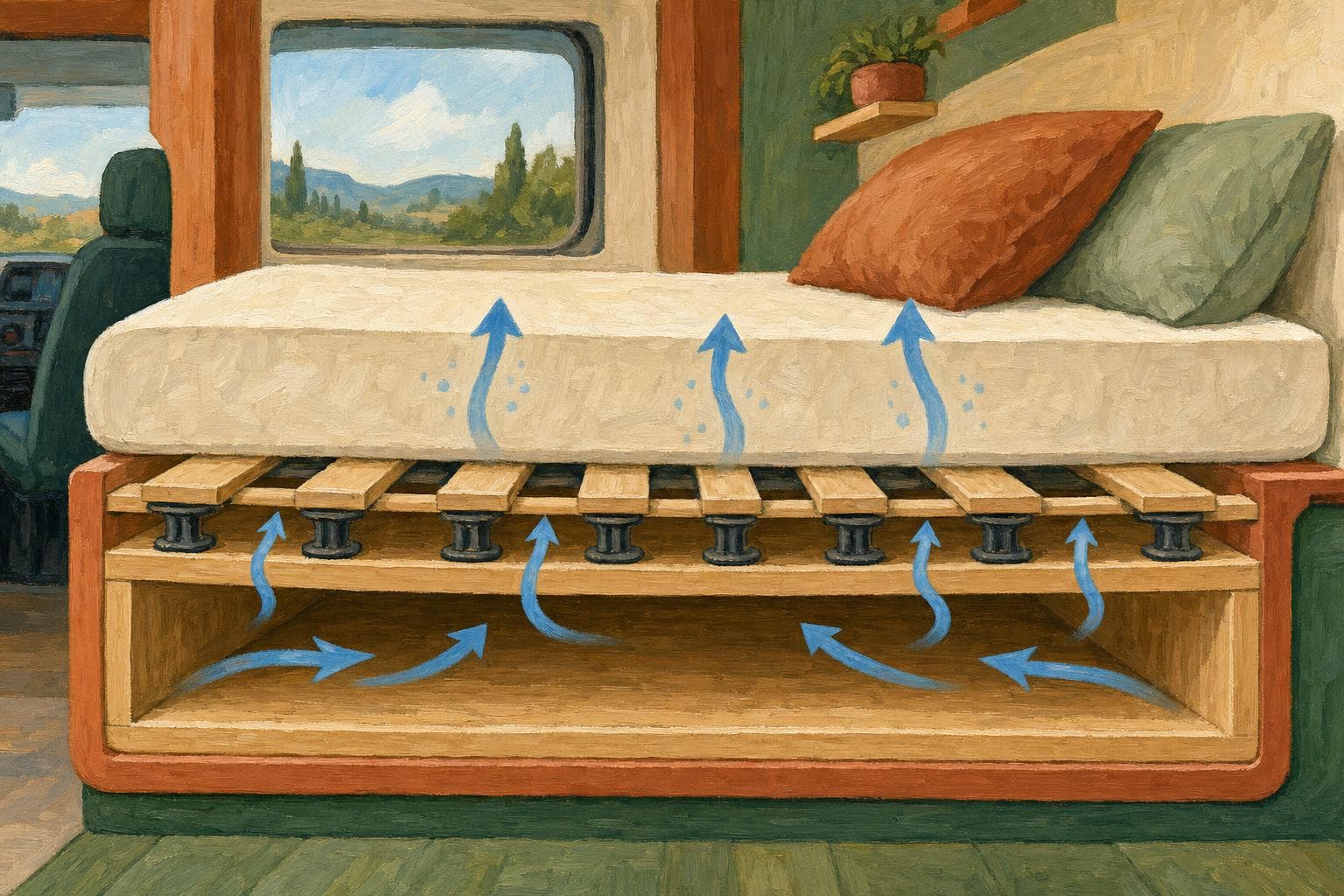 Illustration en coupe d’un lit de camping-car : sur le caisson en bois, un sommier à plots aérés laisse circuler l’air, surmonté d’un matelas épais ; des flèches bleues montrent l’air qui circule et l’humidité qui s’évacue sous le matelas