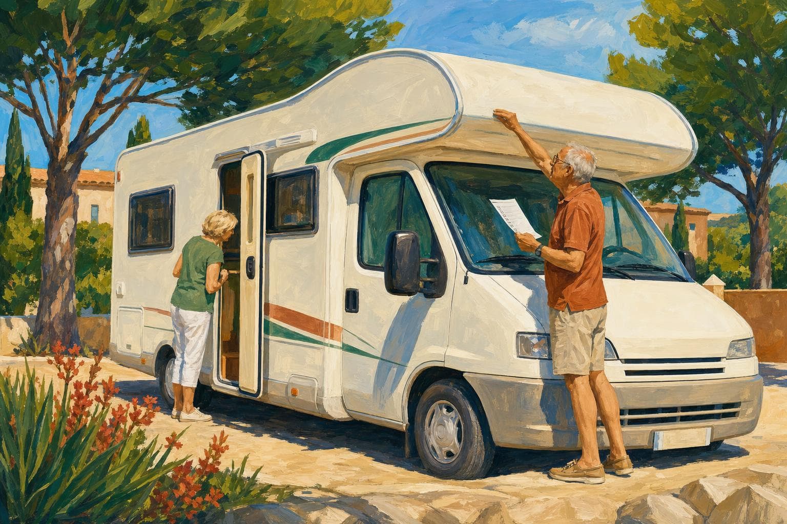 Illustration gouache : inspection des points de contrôle d’un camping-car