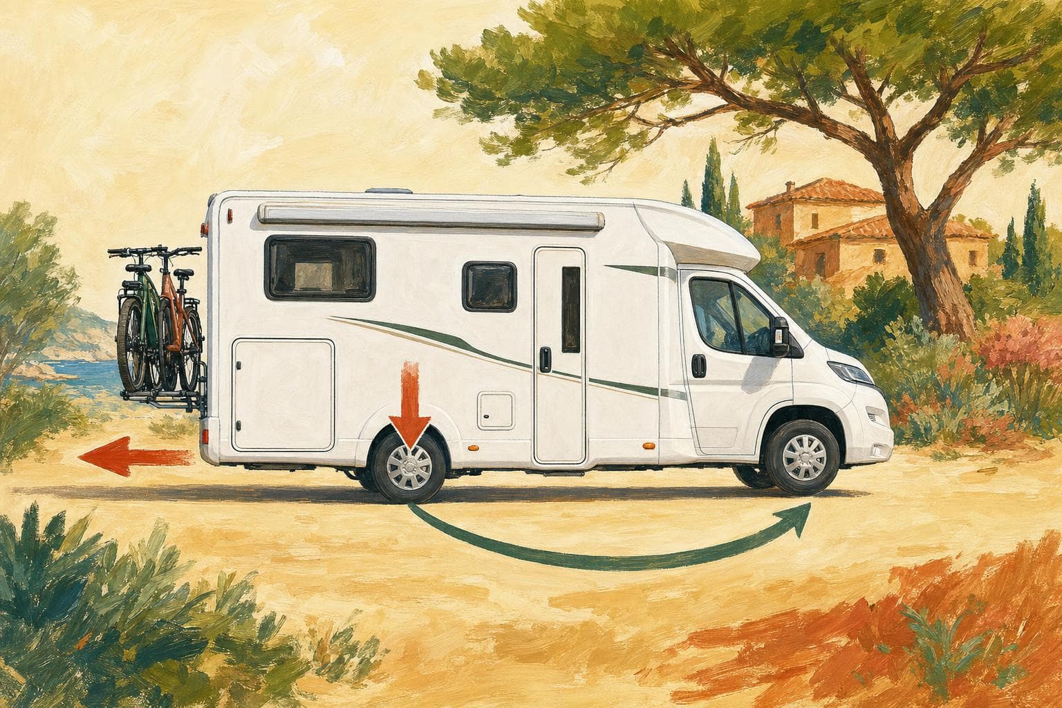 Schéma peint d’un camping-car de profil : deux vélos sur un porte-vélos arrière, une flèche montre le porte-à-faux derrière l’essieu arrière et l’effet de levier qui charge l’essieu arrière et allège l’avant