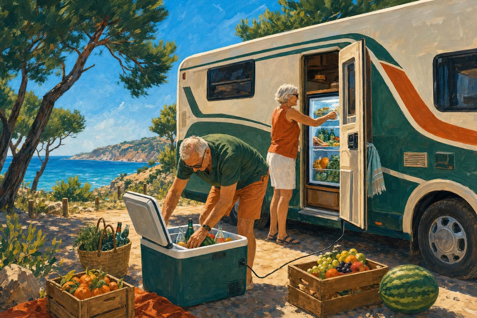 Illustration gouache : frigo et glacière à compression dans un camping-car en été