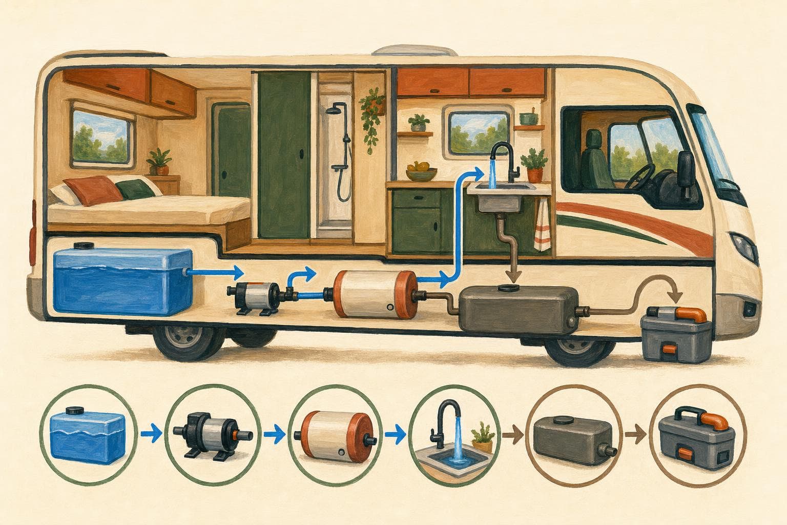 Schéma en coupe du circuit d’eau d’un camping-car : le réservoir d’eau propre alimente la pompe, puis le chauffe-eau et les robinets (flèches bleues) ; l’eau usée descend vers le réservoir d’eaux grises (flèches brunes) ; la cassette du WC est séparée