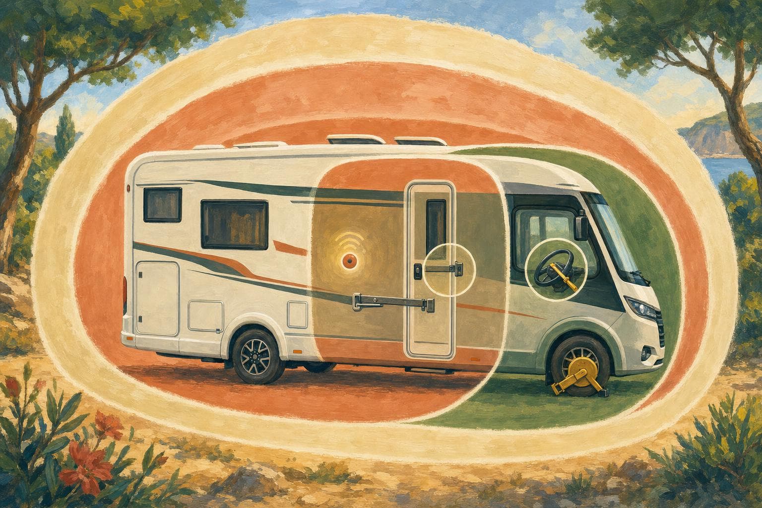 Schéma peint d’un camping-car de profil entouré de trois couches de protection : un bloque-volant et un sabot de roue à l’avant (le porteur), une serrure renforcée et une barre sur la porte de cellule, et un petit traceur GPS discret à l’intérieur