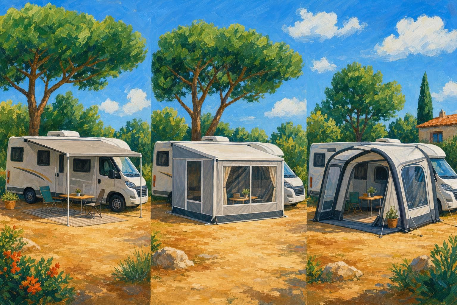 Illustration peinte comparant trois façons de s’abriter à côté d’un camping-car profilé : le store banne déployé en toit d’ombre, le même store fermé par des façades formant une pièce, et un auvent gonflable indépendant à boudins d’air