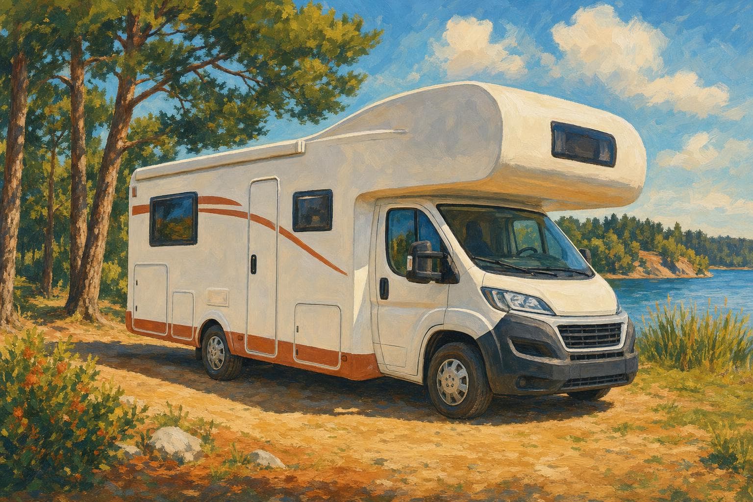Camping-car capucine blanc peint à la gouache au bord d’un lac : une grande casquette arrondie abritant un lit dépasse en avant, au-dessus de la cabine de conduite Fiat Ducato