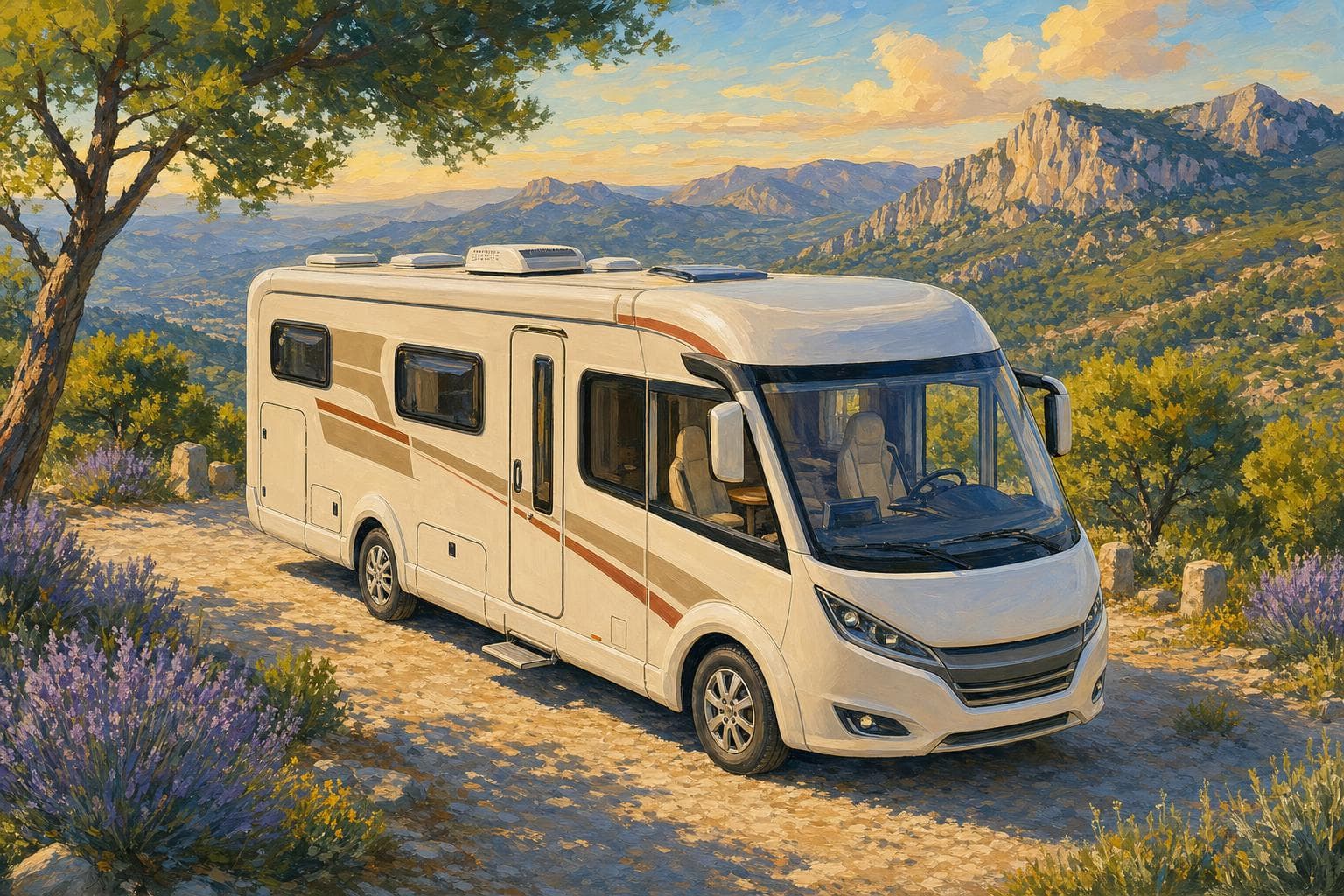 Camping-car intégral blanc peint à la gouache à un belvédère de montagne : toute la face avant forme un bloc vertical unique avec un grand pare-brise panoramique, sans cabine de porteur distincte
