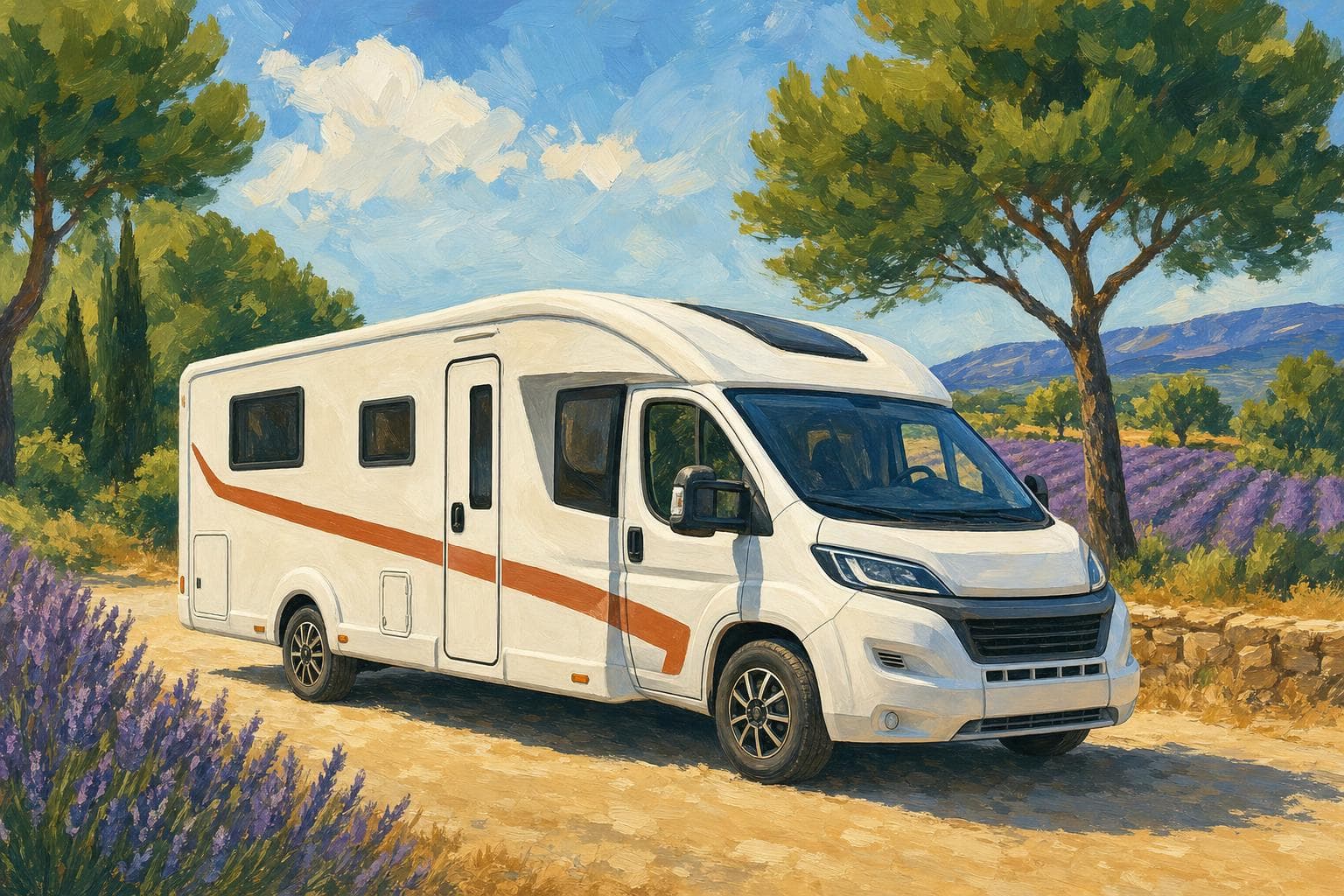 Camping-car profilé blanc peint à la gouache sur une route de campagne : cabine Fiat Ducato à pare-brise incliné, toit de cellule qui descend en pente douce au-dessus de la cabine, sans casquette