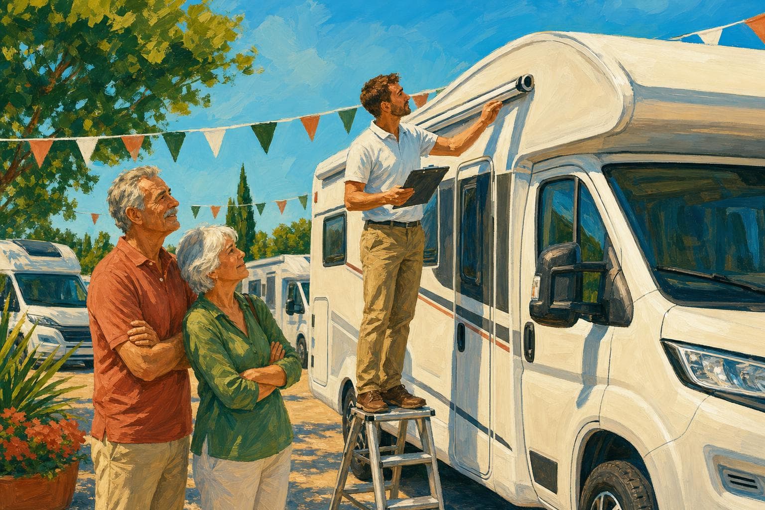 Un professionnel en polo inspectant un camping-car profilé dans une cour de concession ensoleillée, sous le regard attentif d’un couple de retraités