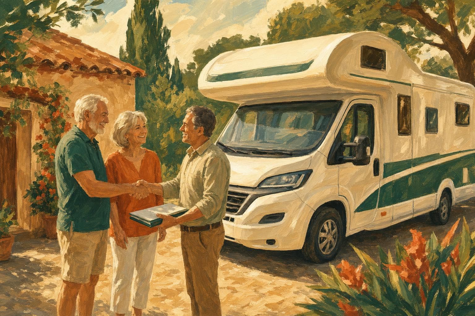 Illustration gouache : poignée de main devant un camping-car à vendre