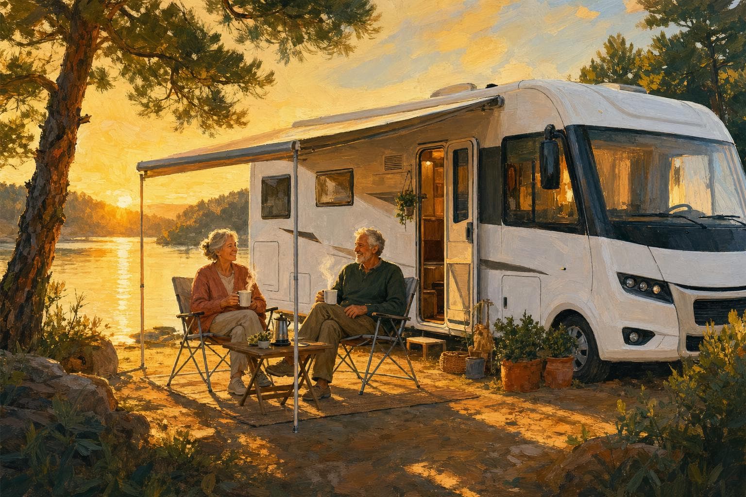 Illustration gouache : couple senior installé à l’année dans son camping-car