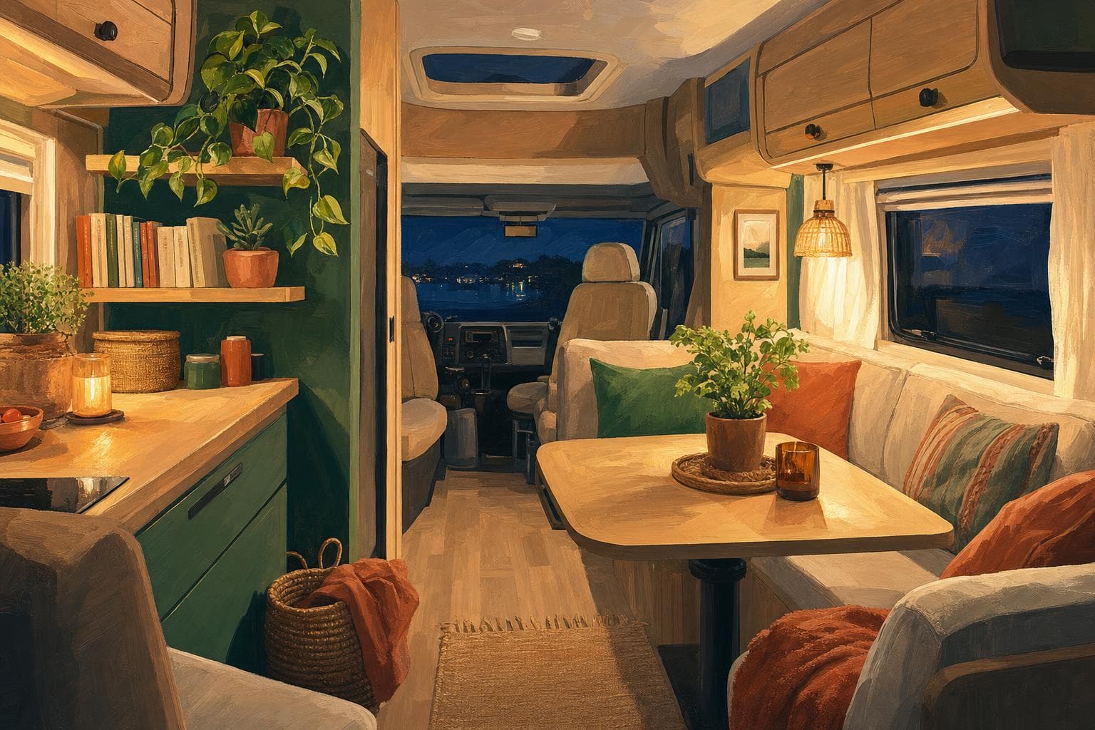 Intérieur chaleureux et habité d’une cellule de camping-car aménagée comme un vrai lieu de vie à l’année : petite étagère avec des livres et une plante, banquette avec coussins, coin repas, lumière douce le soir