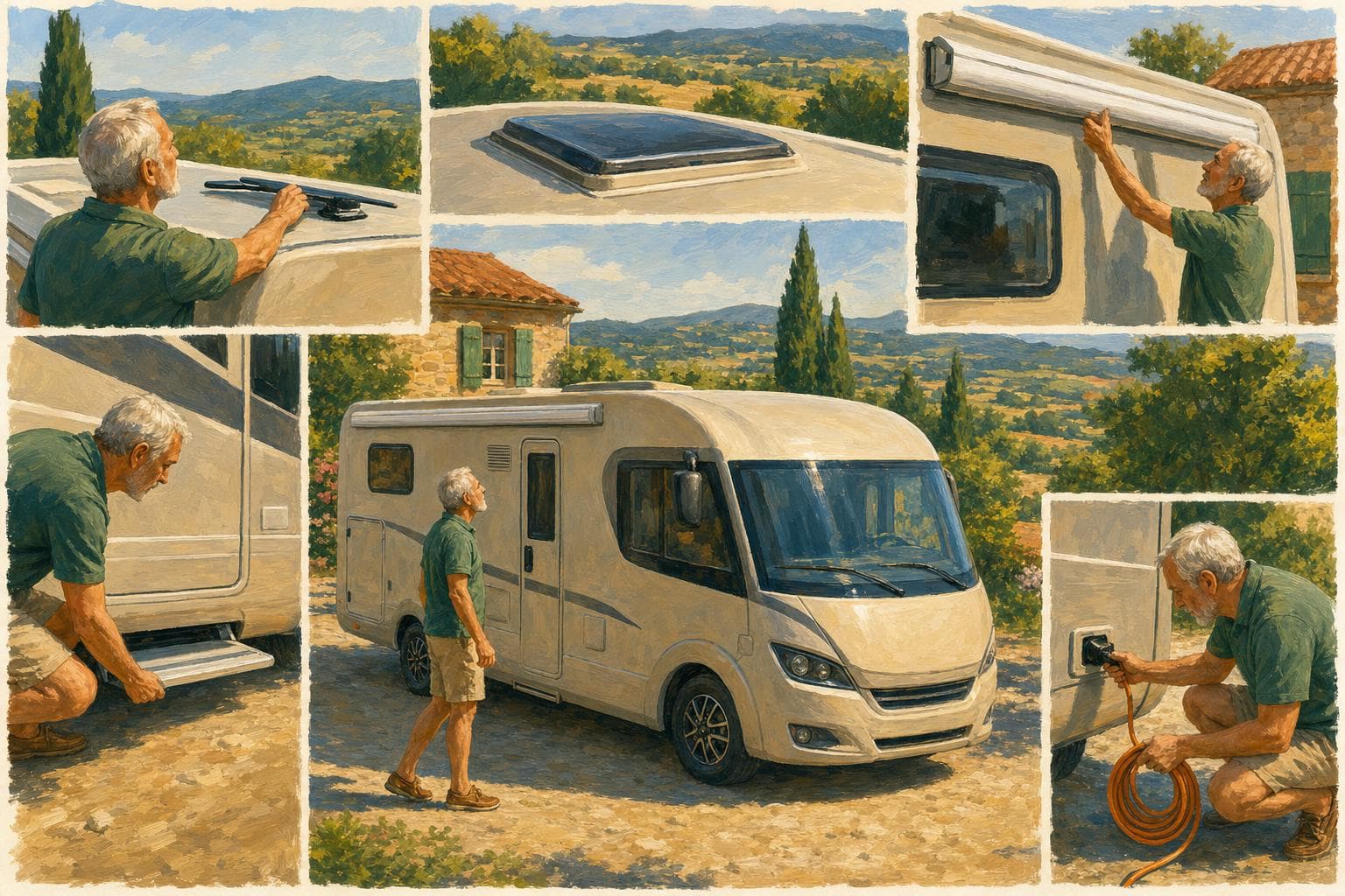 Illustration gouache d’un camping-carariste senior faisant le tour de son camping-car profilé le matin : antenne rentrée, store replié, marche-pied escamoté, câble électrique enroulé
