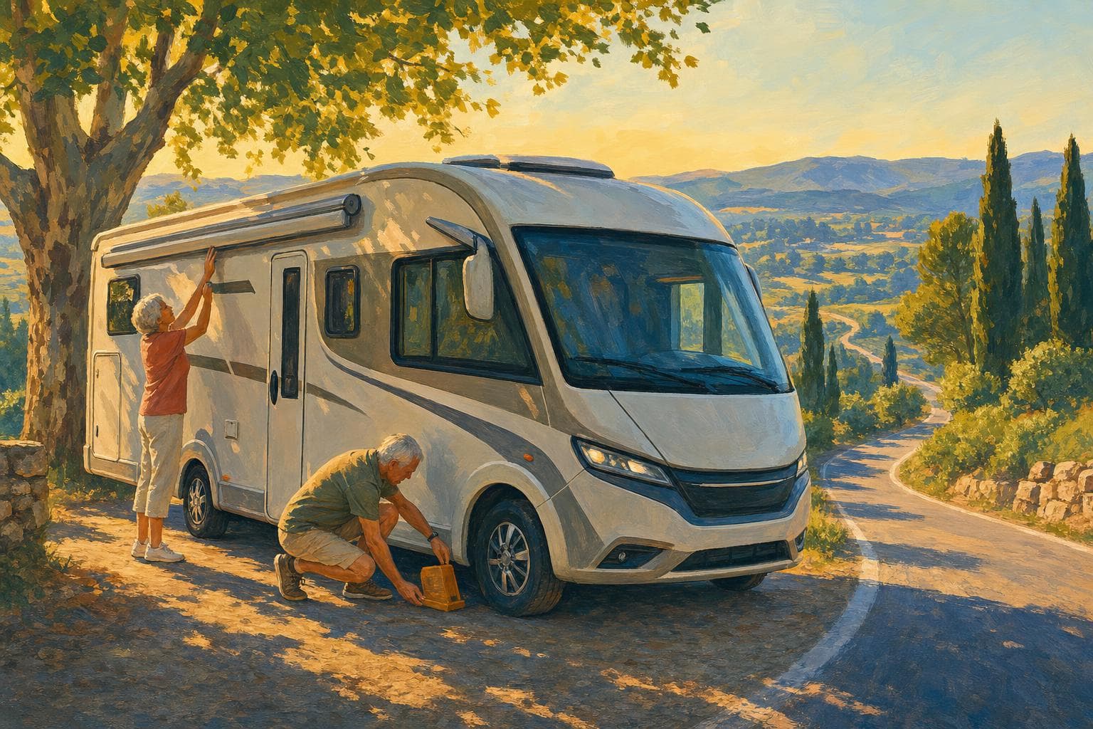 Illustration gouache : pause en bord de route, couple vérifiant sa checklist devant le camping-car