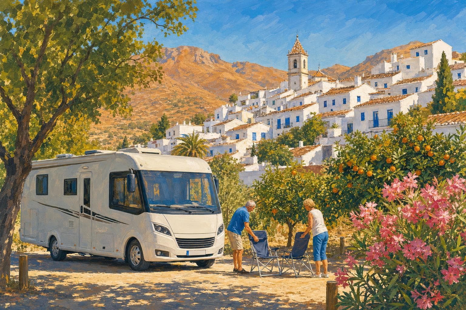 Illustration gouache d’un camping-car intégral français stationné au pied d’un village blanc d’Andalousie, maisons chaulées aux volets bleus étagées sur une colline, orangers en fleur, montagnes ocre à l’arrière-plan, un couple de seniors installant des chaises à l’ombre
