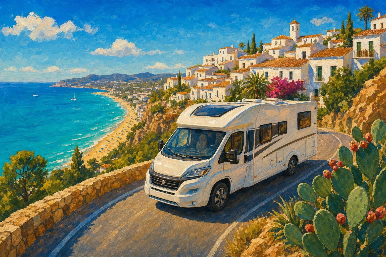 Illustration gouache : camping-car sur une route d’Andalousie, villages blancs