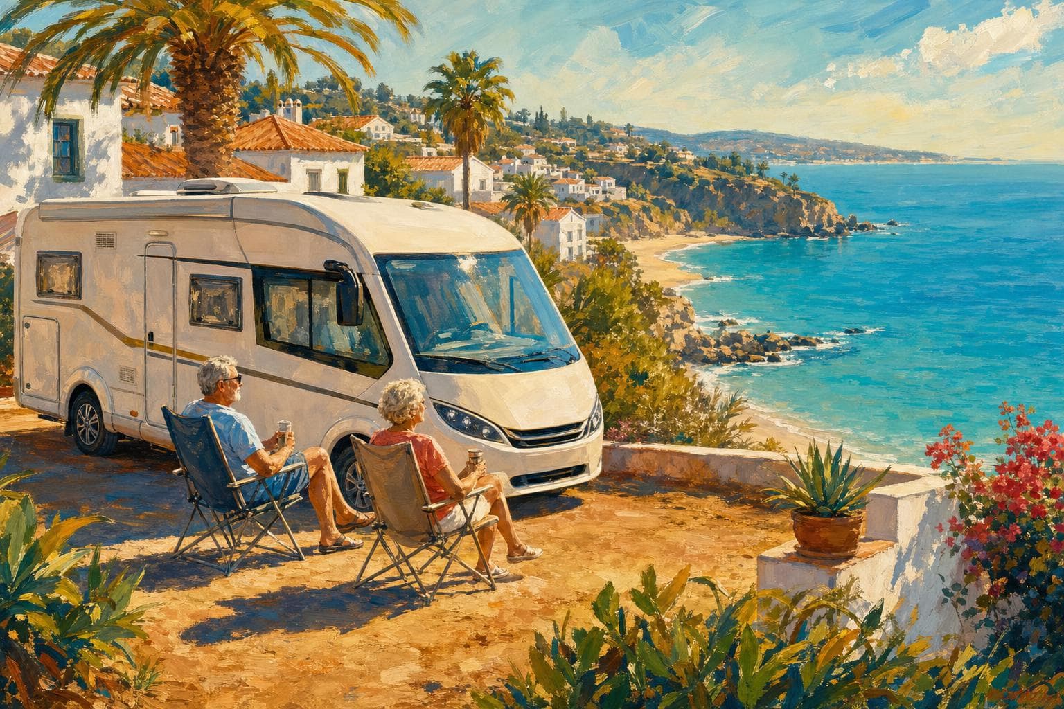 Illustration gouache : camping-car au soleil d’hiver face à la mer, ambiance Andalousie