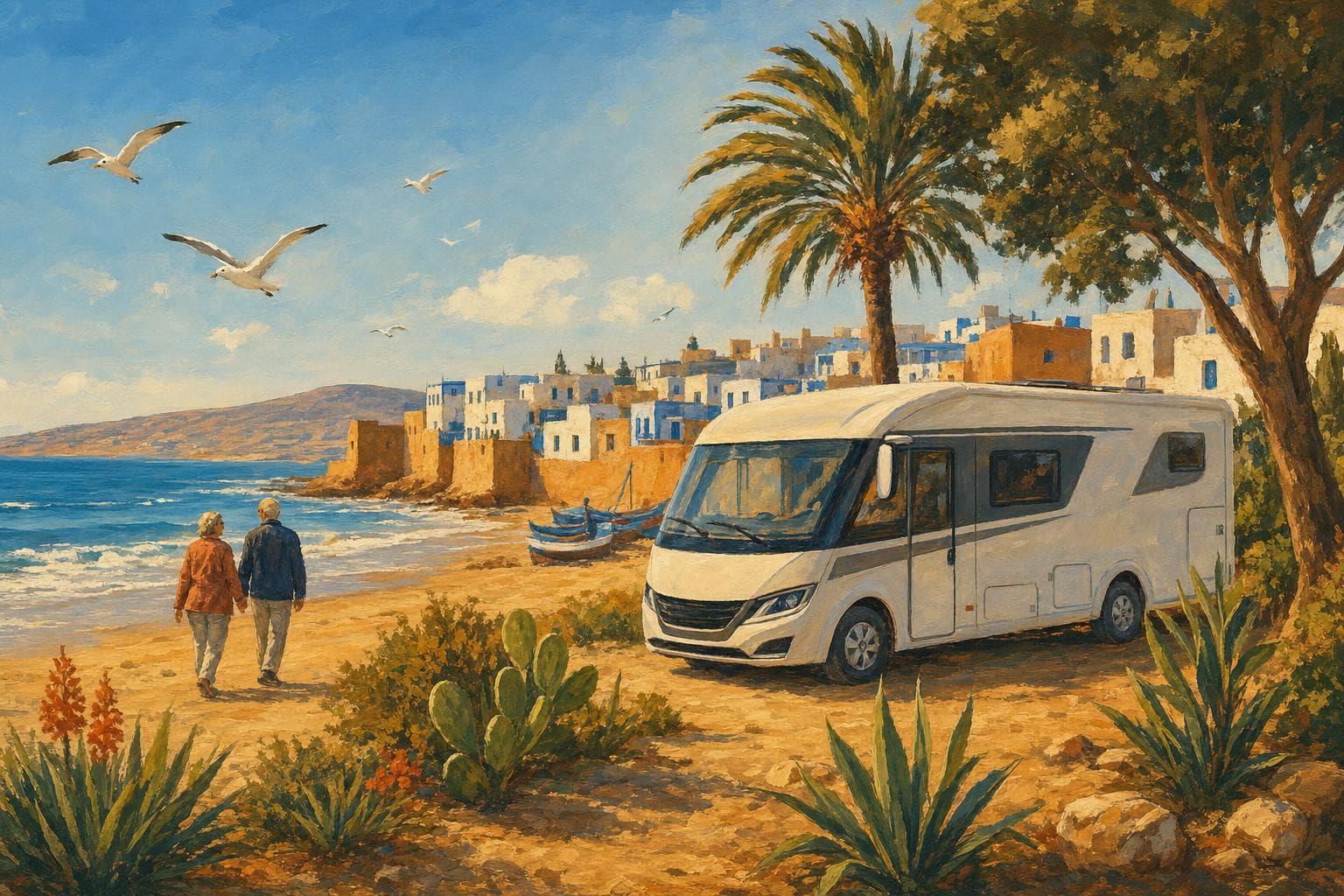 Illustration gouache d’un camping-car profilé français garé sur la côte atlantique marocaine ensoleillée près d’Essaouira, plage de sable, palmiers, village de pêcheurs blanc et bleu, un couple de seniors marchant sur le sable