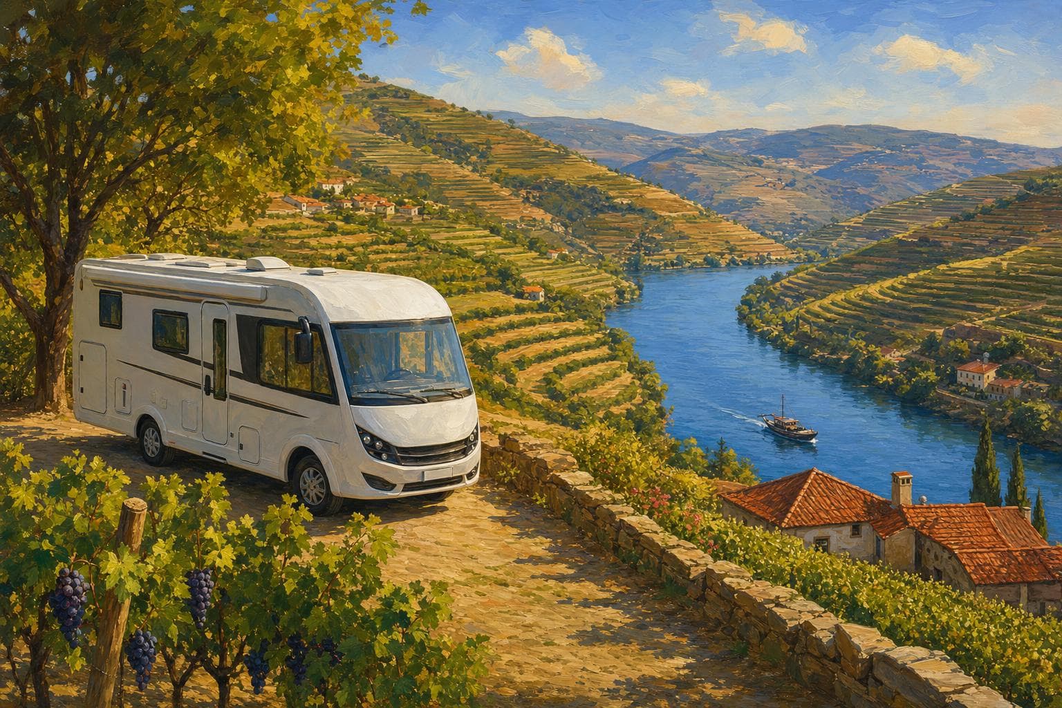 Illustration gouache d’un camping-car intégral français stationné à un belvédère sur la vallée du Douro, coteaux de vignobles en terrasses descendant vers la rivière où passe un bateau rabelo, quintas aux toits de tuiles rouges, lumière chaude de septembre