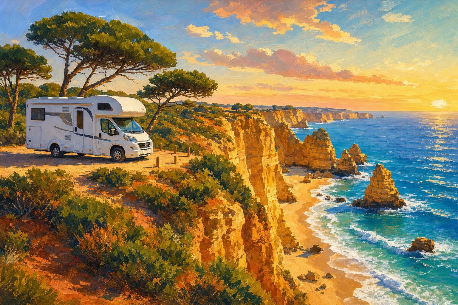 Illustration gouache : camping-car face à l’océan sur la côte portugaise