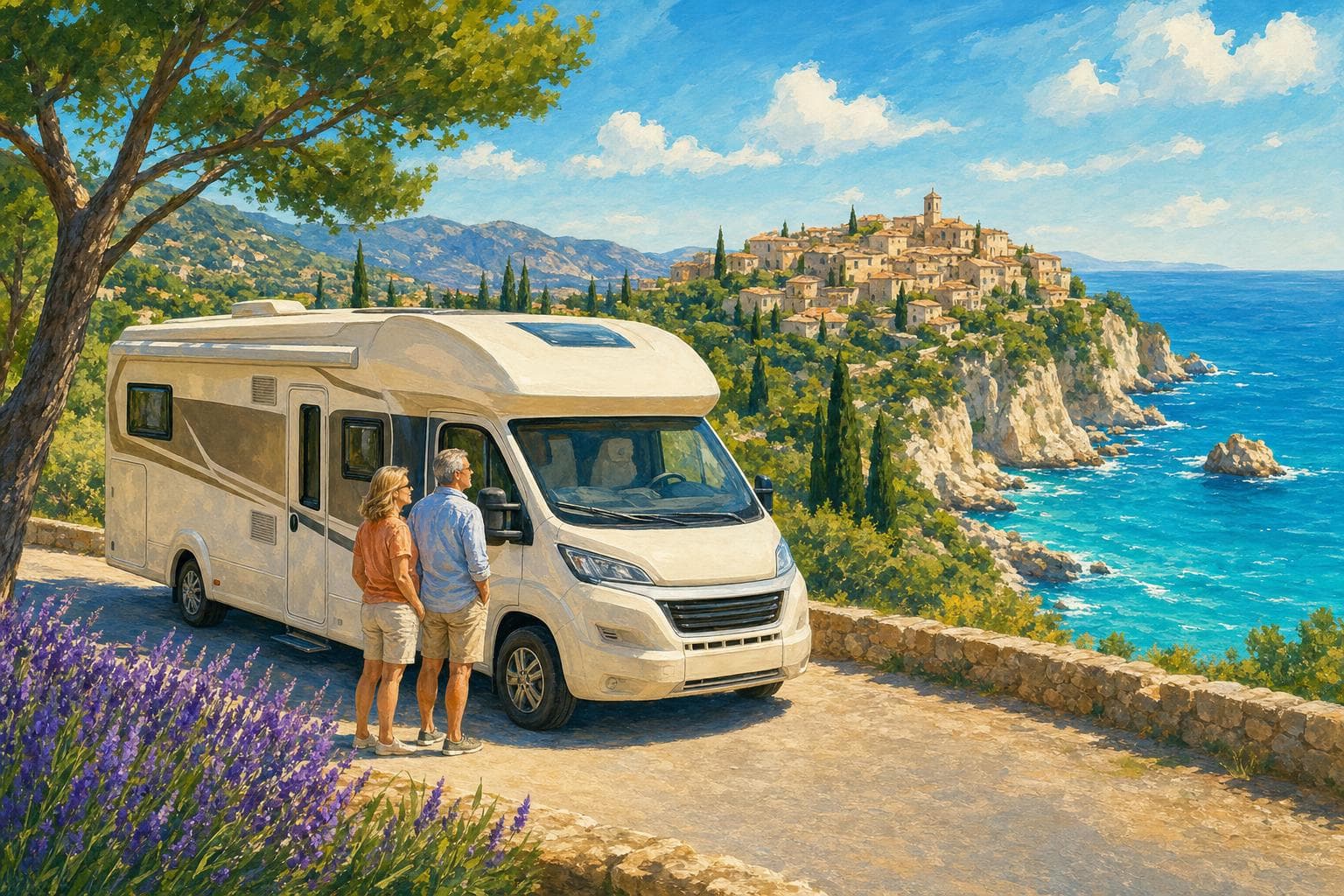 Illustration gouache : carte de France et camping-car sur une route de campagne