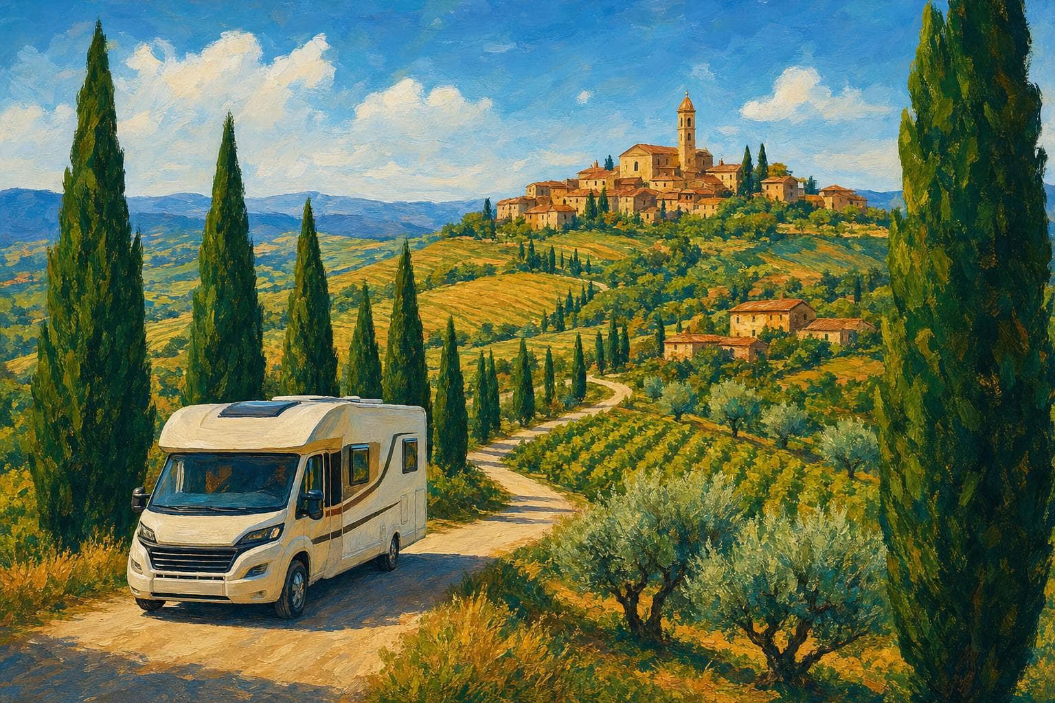 Illustration gouache : camping-car dans les collines de Toscane, cyprès