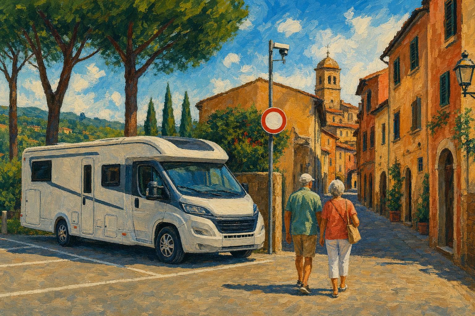 Illustration gouache : l’entrée d’un centre historique italien signalée par un panneau rond à liseré rouge et une caméra de ZTL, tandis qu’un camping-car capucine français est garé sur un grand parking de périphérie, un couple de retraités marchant vers la vieille ville